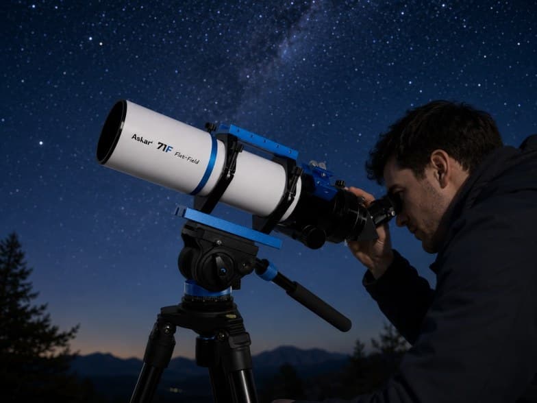 Observador usando telescópio sob o céu estrelado