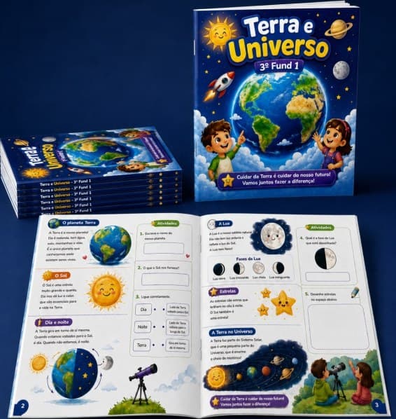 Livro Terra e Universo aberto sobre a mesa